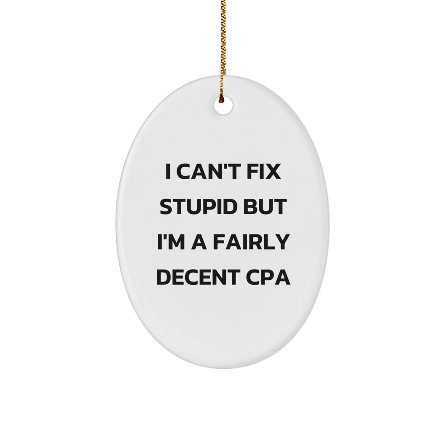 Funny CPA Gifts from Friends or Family - Oval Ornament with 'I Can't Fix Stupid But I'm A Fairly Decent CPA' Quote, Christmas Unique Gifts for Him or Her - Image 1