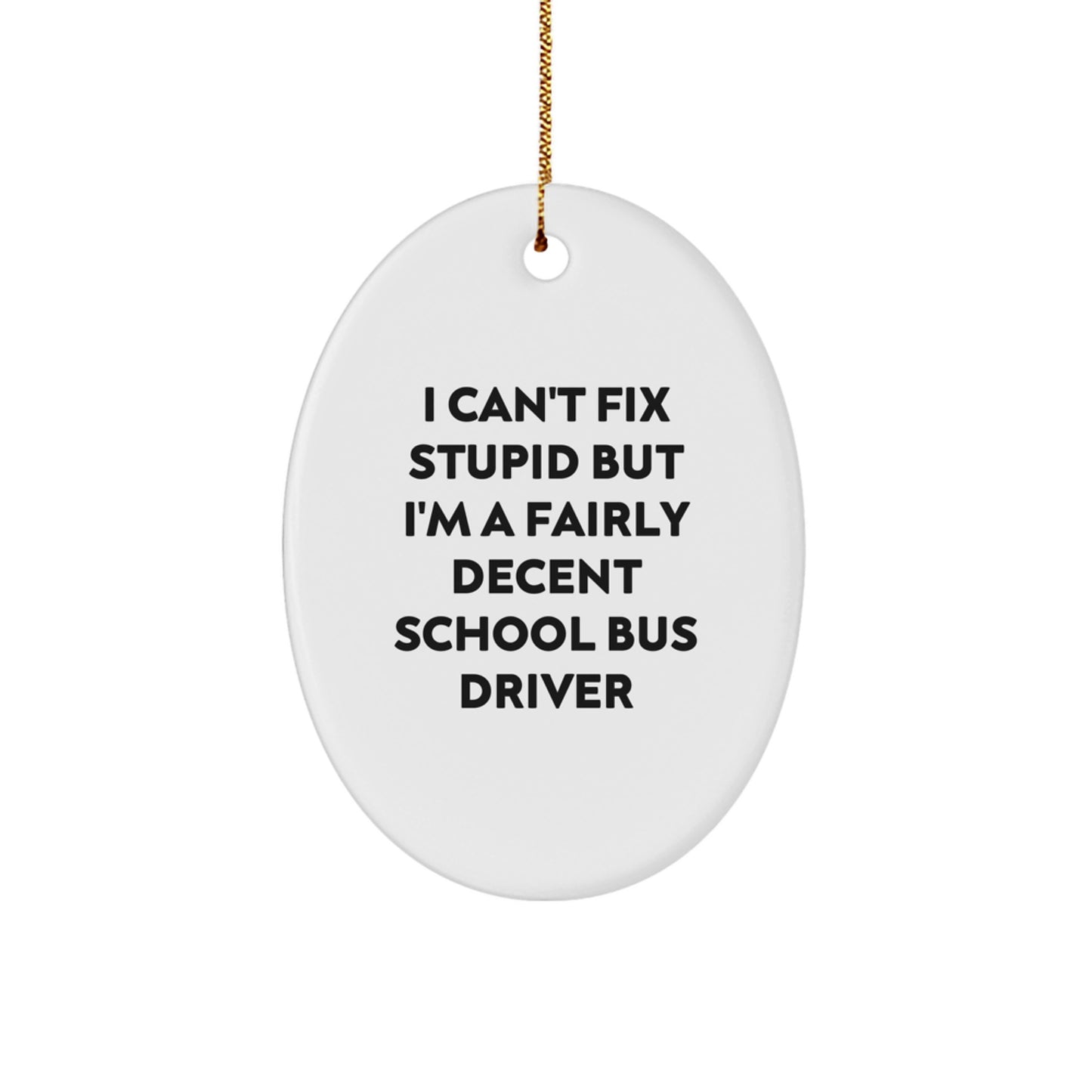 Funny School Bus Driver Gifts from Friends for Christmas Oval Ornament 'I Can't Fix Stupid But I'm A Fairly Decent School Bus Driver' - Image 1