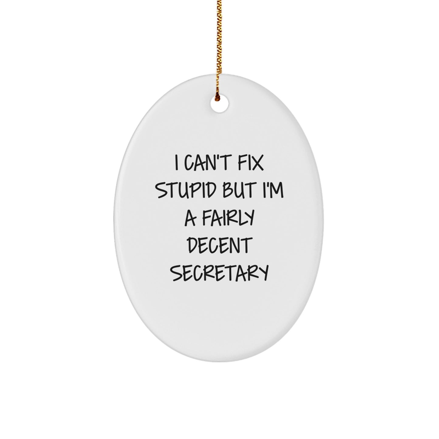 Funny Secretary Oval Ornament for Christmas Unique Gifts from Friends to Secretary, I 'Can't Fix Stupid' Humorous White Oval Ornament, Oval Shaped Secretary Gift - Image 1