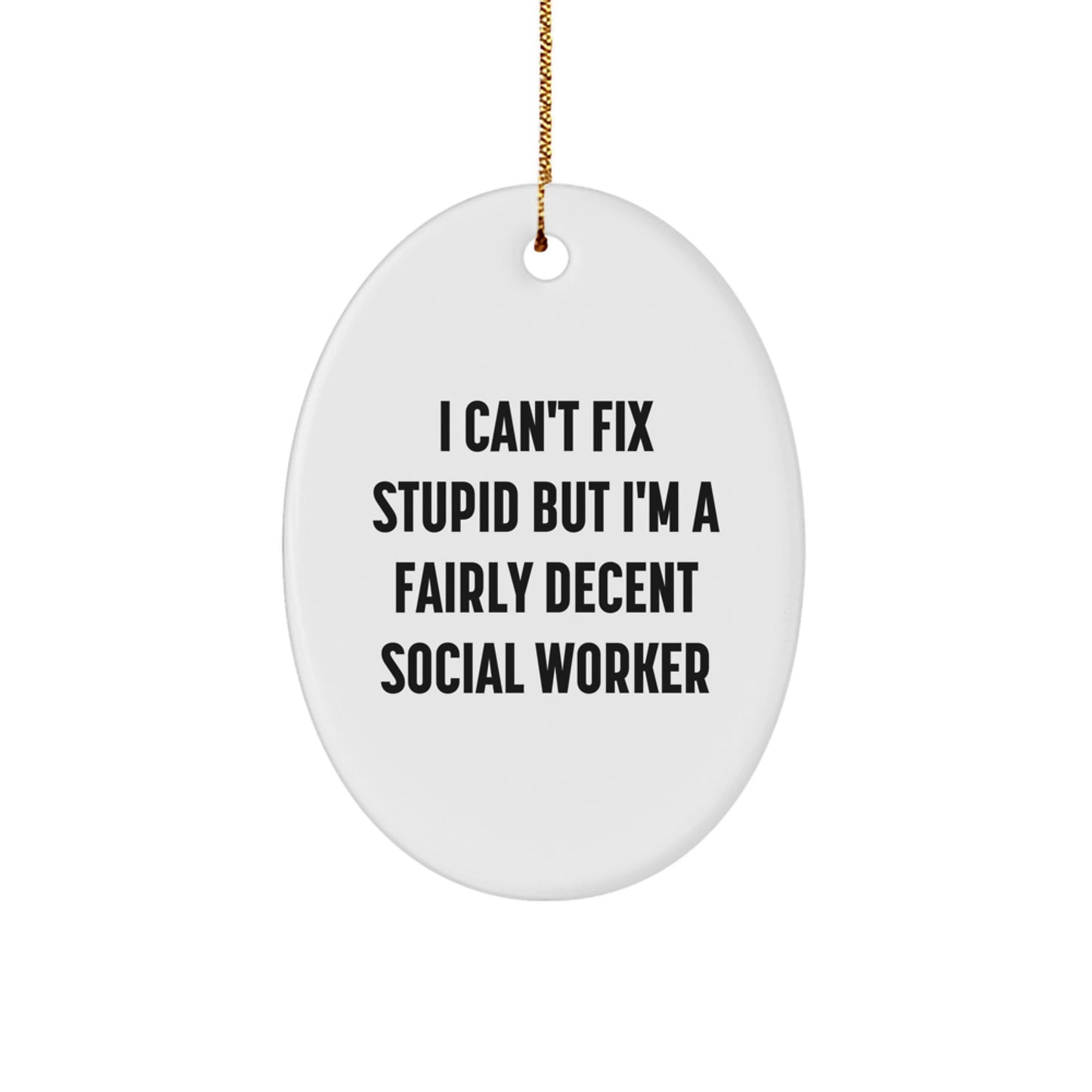 'Funny' Social Worker Gifts: I Can't Fix Stupid But I'm A Fairly Decent Social Worker Oval Ornament, Gifts from Friends to Social Workers, Unique Christmas Unique Gifts - Image 1