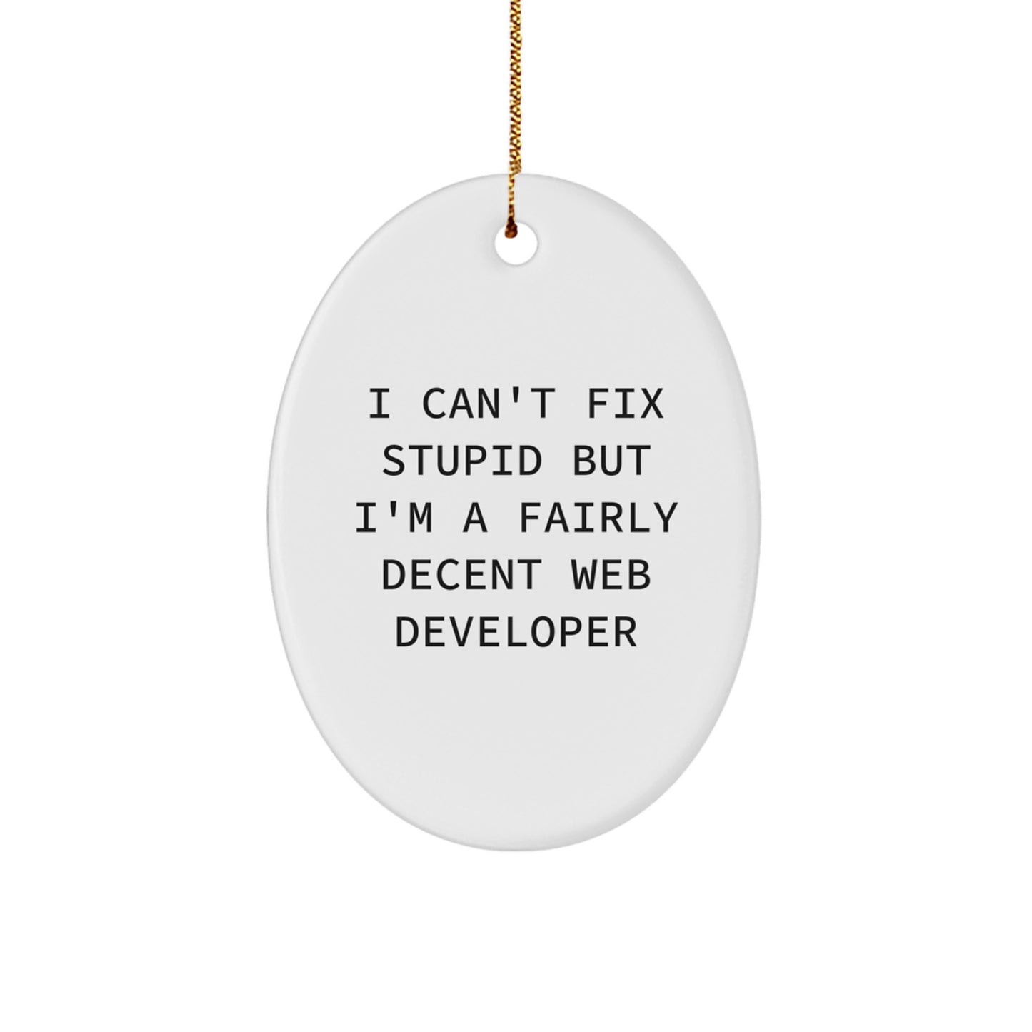 Funny Web Developer Christmas Oval Ornament, Gifts from Friends for Men, Women, Coworkers, Family, Unique Decorations, I Can't Fix Stupid But I'm A Fairly Decent Web Developer - Image 1
