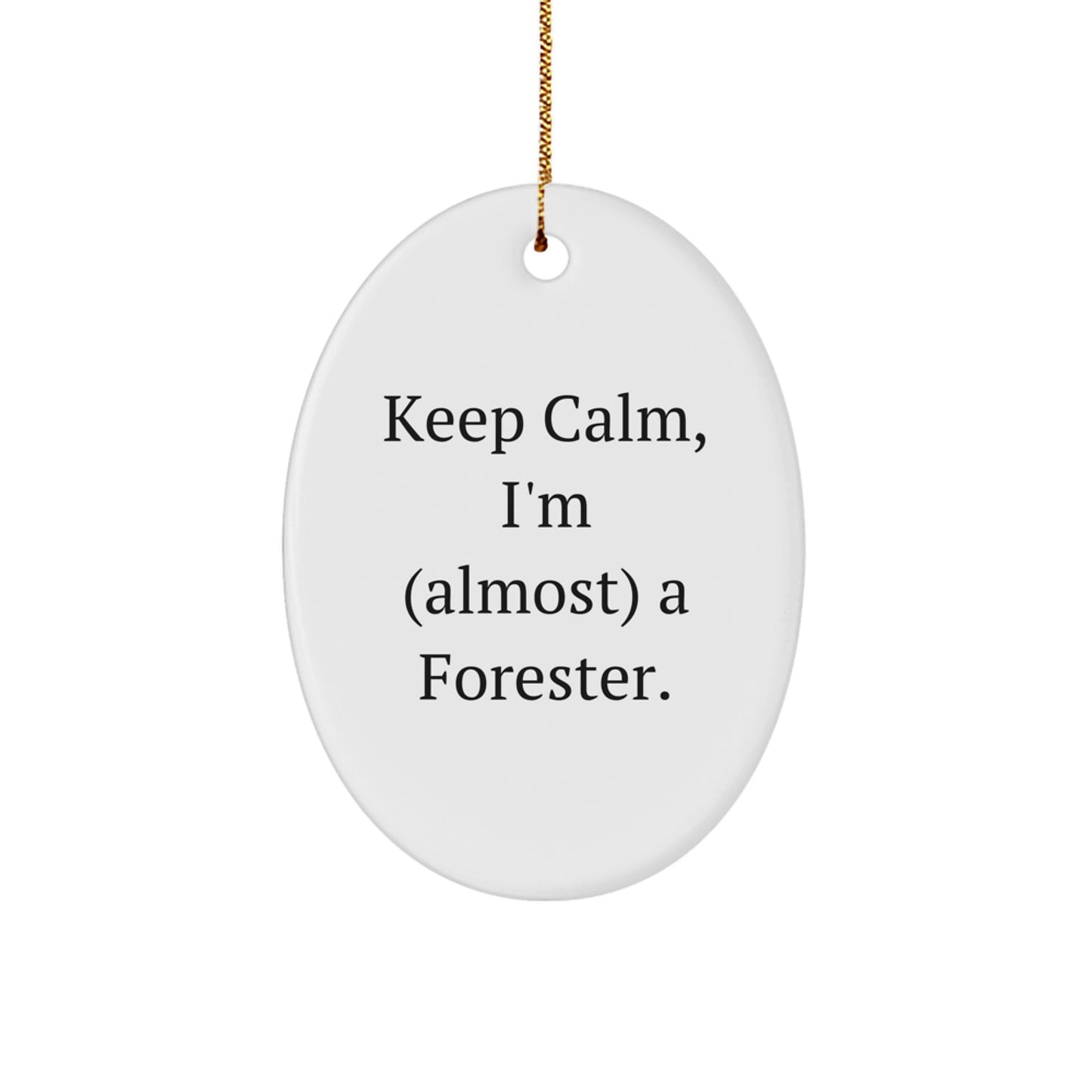 Funny Forester Gifts, Keep Calm, I'm (almost) A Forester. Oval Ornament, Christmas Unique Presents for Forester Friends, Gifts from Men - Image 1