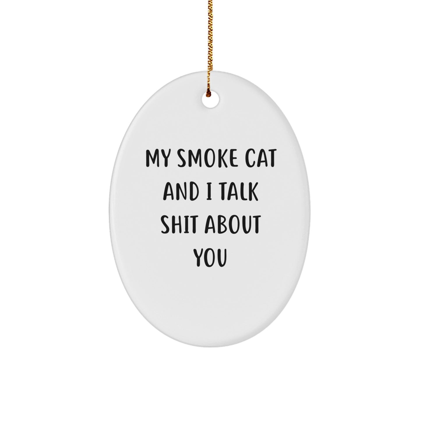 Funny Smoke Cat Oval Ornament Gifts from Friends for Christmas - 'My Smoke Cat And I Talk Shit About You' - Unique White Oval Shaped Decorative Figurine - Image 1