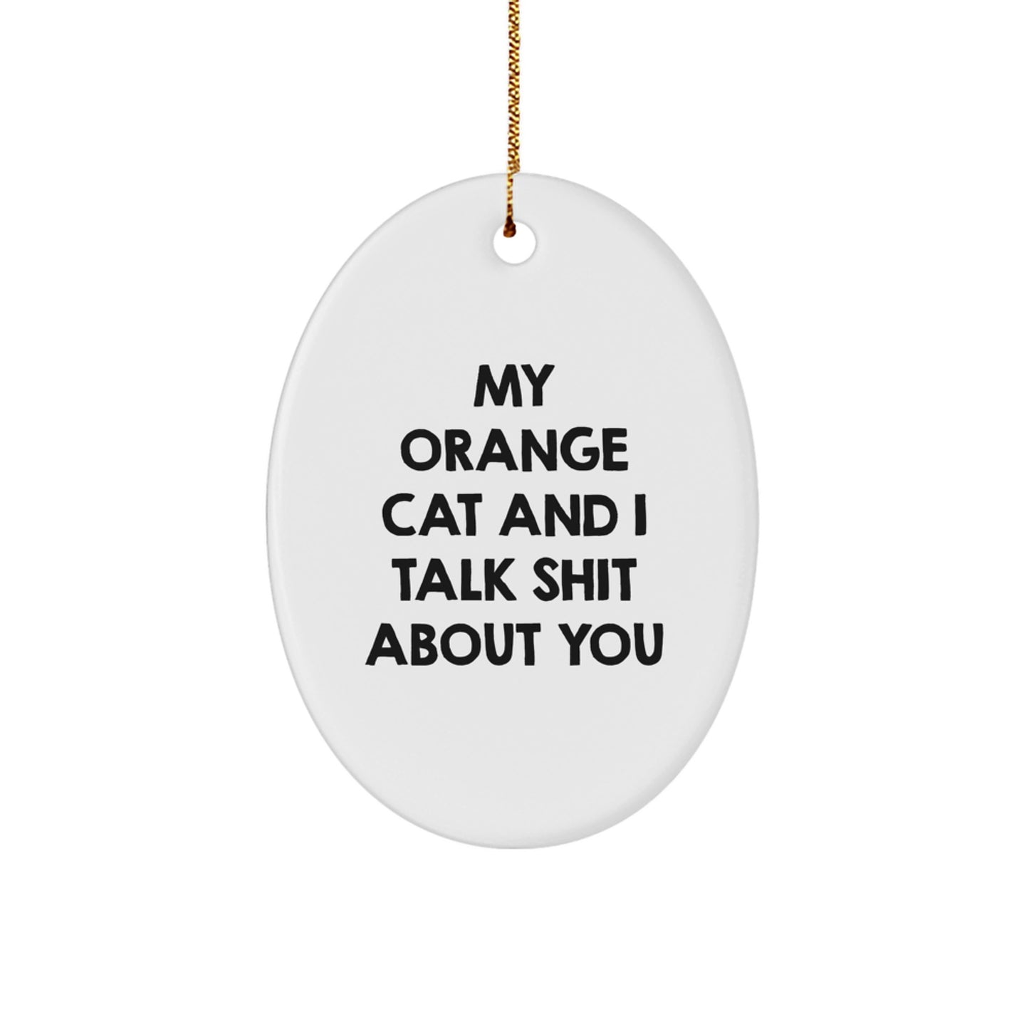 Funny Orange Cat Oval Ornament Gifts from Men to Orange Cat Lovers, Christmas Unique Gifts for Friends, Coworkers, Family - 'My Orange Cat And I Talk Shit About You' - Image 1