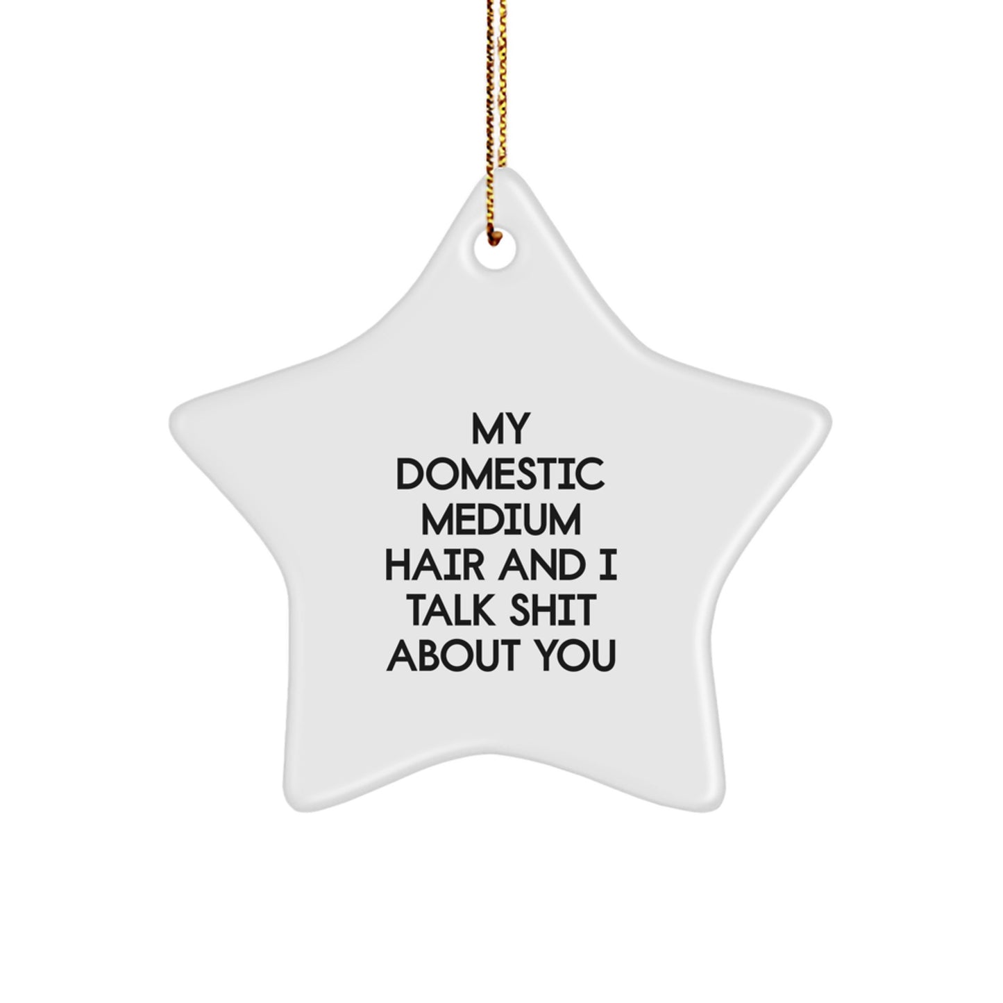 Funny Domestic Medium Hair Cat Star Ornament Gifts from Friends for Christmas, Sassy Decorative Star Keepsake, White Star Shaped with Gold Cord - Image 1