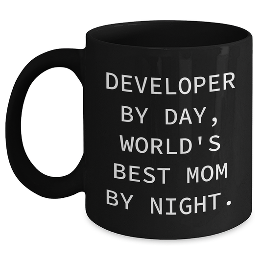 Funny Developer Gifts from Mom: 'Developer By Day, World's Best Mom By Night.' Black Coffee Mug for Father's Day - Main