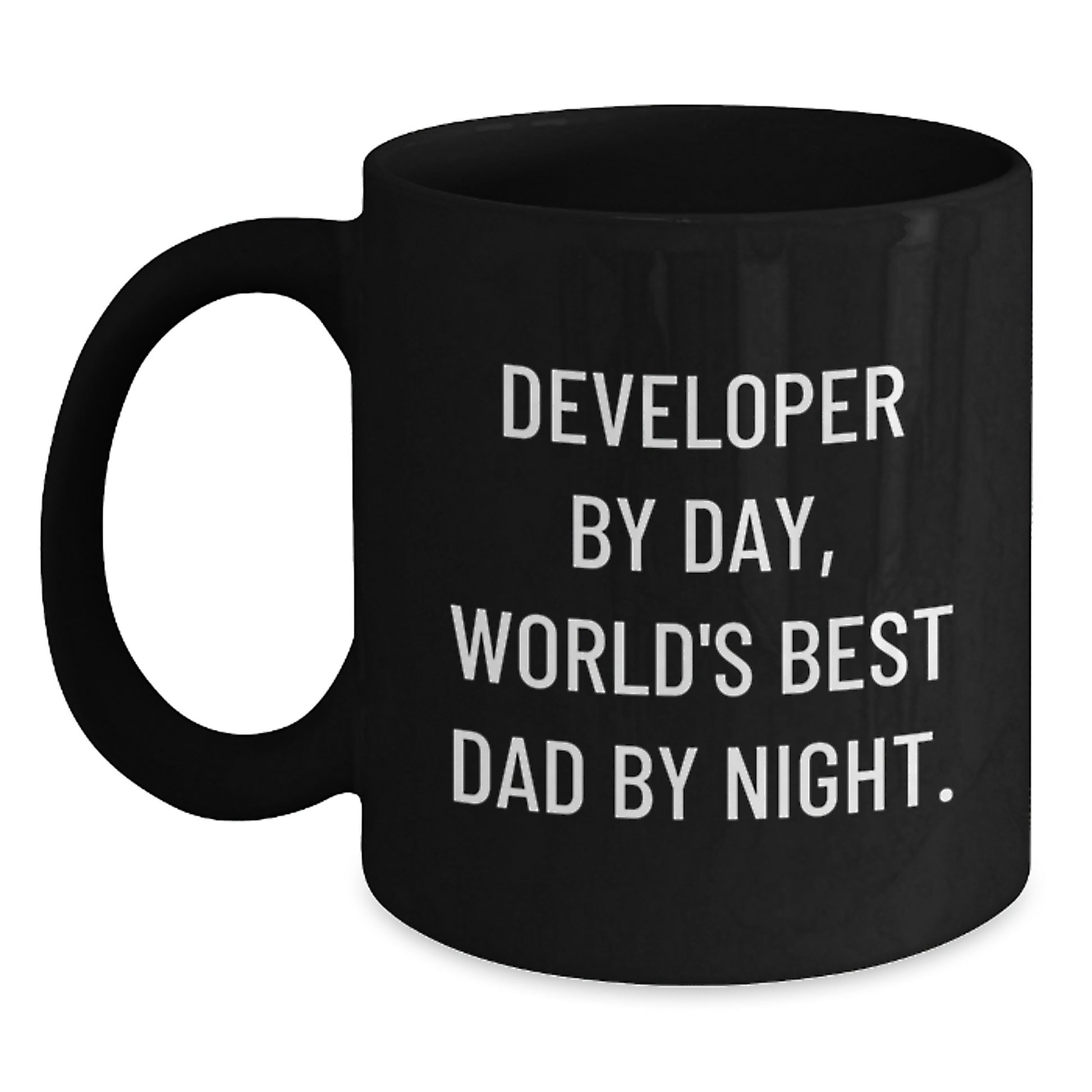 Funny Developer Gifts from Men to Developer Friends - Black Coffee Mug with Developer By Day World's Best Dad By Night Quote for Christmas Unique Gifts - Main