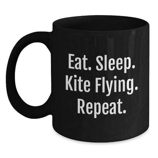 Funny Kite Flying Gifts from Friends, Unique Black Coffee Mugs for Kite Enthusiasts, Eat. Sleep. Kite Flying. Repeat. Inspirational Graduation Mug - Main