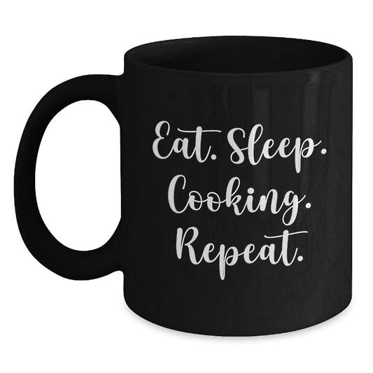 Funny Cooking Gifts for Men, Black Coffee Mug - Eat. Sleep. Cooking. Repeat. - Christmas Unique Gift Ideas from Friends, Family - Main