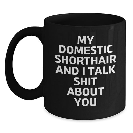 Funny Domestic Shorthair Cat Gifts for Dad - 'My Domestic Shorthair And I Talk Shit About You' Black Coffee Mug, Gift from Family - Main