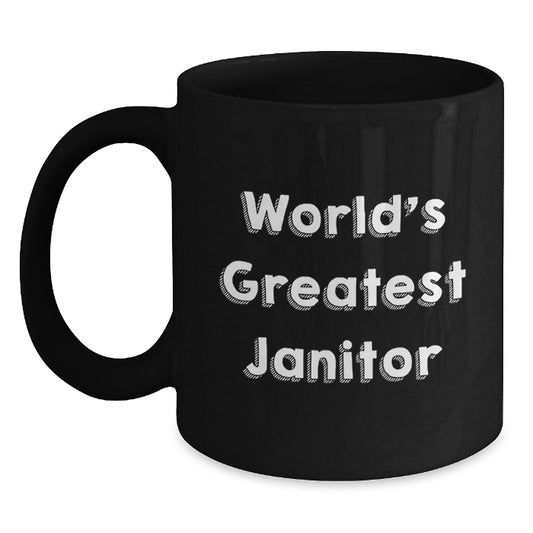Funny Janitor Gifts for Men - 'World's Greatest Janitor' Black Coffee Mug, Christmas Unique Gifts from Friends, Family, Coworkers - Main