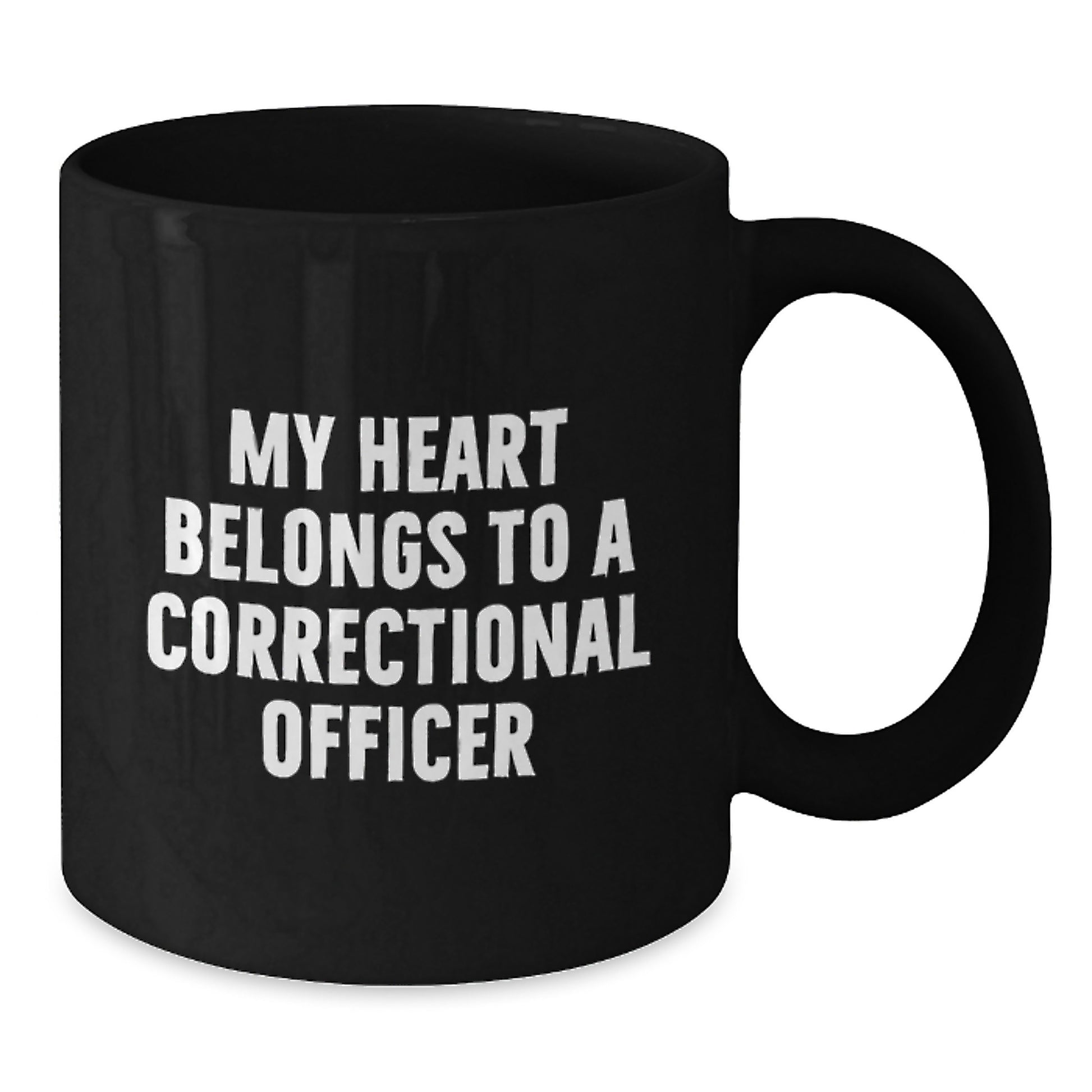 Funny Correctional Officer Gifts from Family for Graduation Unique Mugs, 'My Heart Belongs To A Correctional Officer' Quote on Black Ceramic 11oz or 15oz Coffee Mugs - Additional