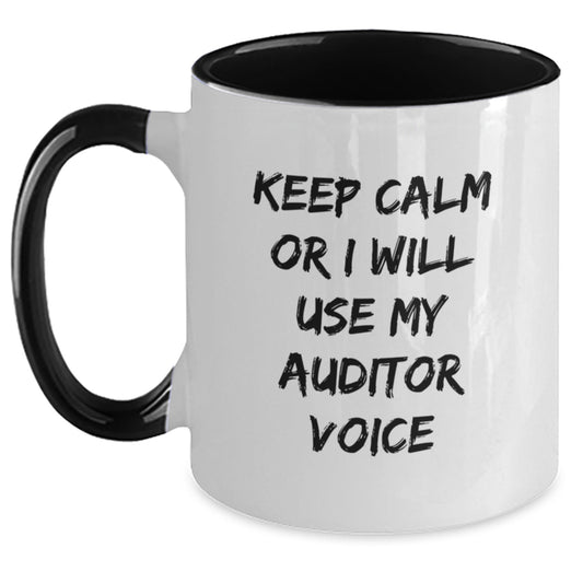 Auditor Gifts from Men, Funny Two Tone Coffee Mug for Christmas Unique Gifts, 'Keep Calm Or I Will Use My Auditor Voice' Mugs for Women Coworkers - Main