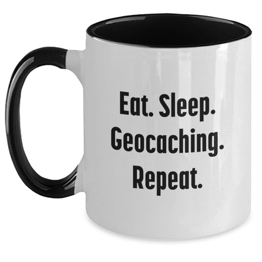 Funny Geocaching Gifts for Men from Friends, Two Tone Coffee Mug with Eat. Sleep. Geocaching. Repeat. Quote for Graduation - Main