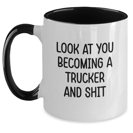 Funny Trucker Gifts from Men for Trucker Graduation Unique Two Tone Coffee Mugs, Black and White, Red and White, Navy and White, Pink and White, Ceramic, 11oz, Microwave and Dishwasher Safe - Main
