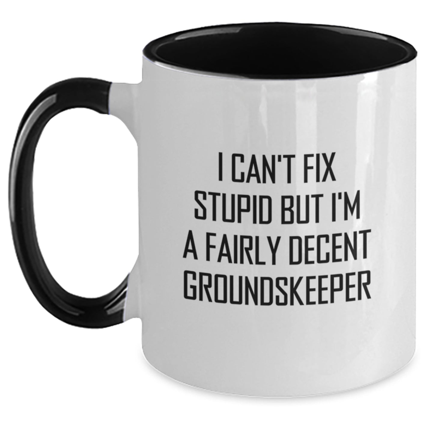 groundskeeper Humor Gifts from Friends - I Can't Fix Stupid But I'm A Fairly Decent groundskeeper Two Tone Coffee Mug, Graduation Unique Gifts for groundskeeper - Main