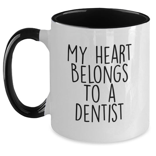 Funny Gifts from Men to Dentists - My Heart Belongs To A Dentist Two Tone Coffee Mug, Perfect for Graduation Unique Gifts, Black and White, Red and White, Navy and White, Pink and White - Main