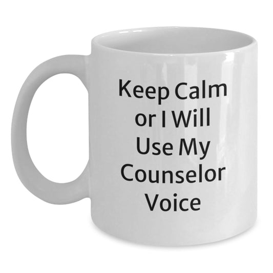 Funny Counselor Gifts for Christmas | White Coffee Mug - Keep Calm Or I Will Use My Counselor Voice - Main