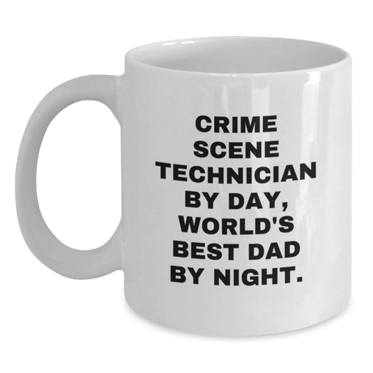 Funny Crime Scene Technician Gifts for Men - White Coffee Mug, 'Crime Scene Technician By Day, World's Best Dad By Night.' - Main