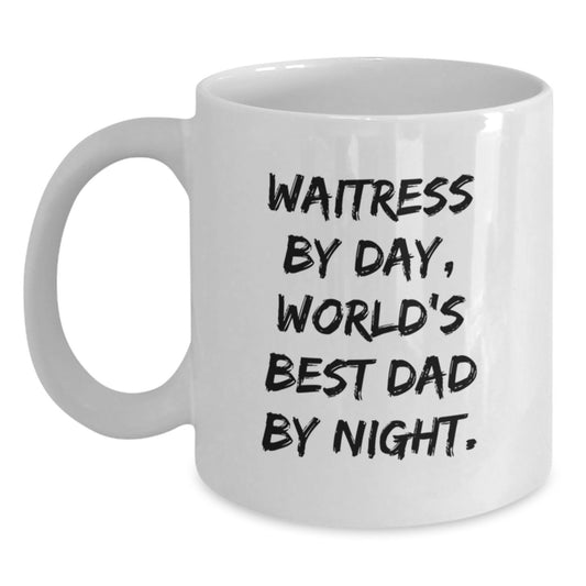 Funny Waitress Gifts for Him, White Coffee Mug, 'Waitress By Day, World's Best Dad By Night', Christmas Unique Gifts from Men to Coworkers - Main