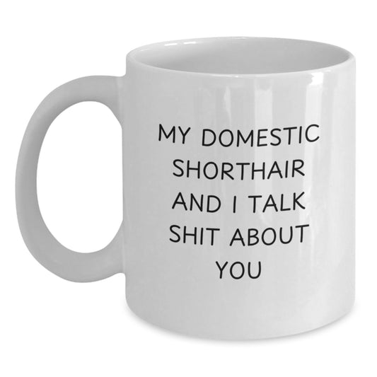 Funny Domestic Shorthair Cat Gifts, White Coffee Mugs with My Domestic Shorthair and I Talk Shit About You Quote, Father's Day Unique Gifts for Men from Family - Main