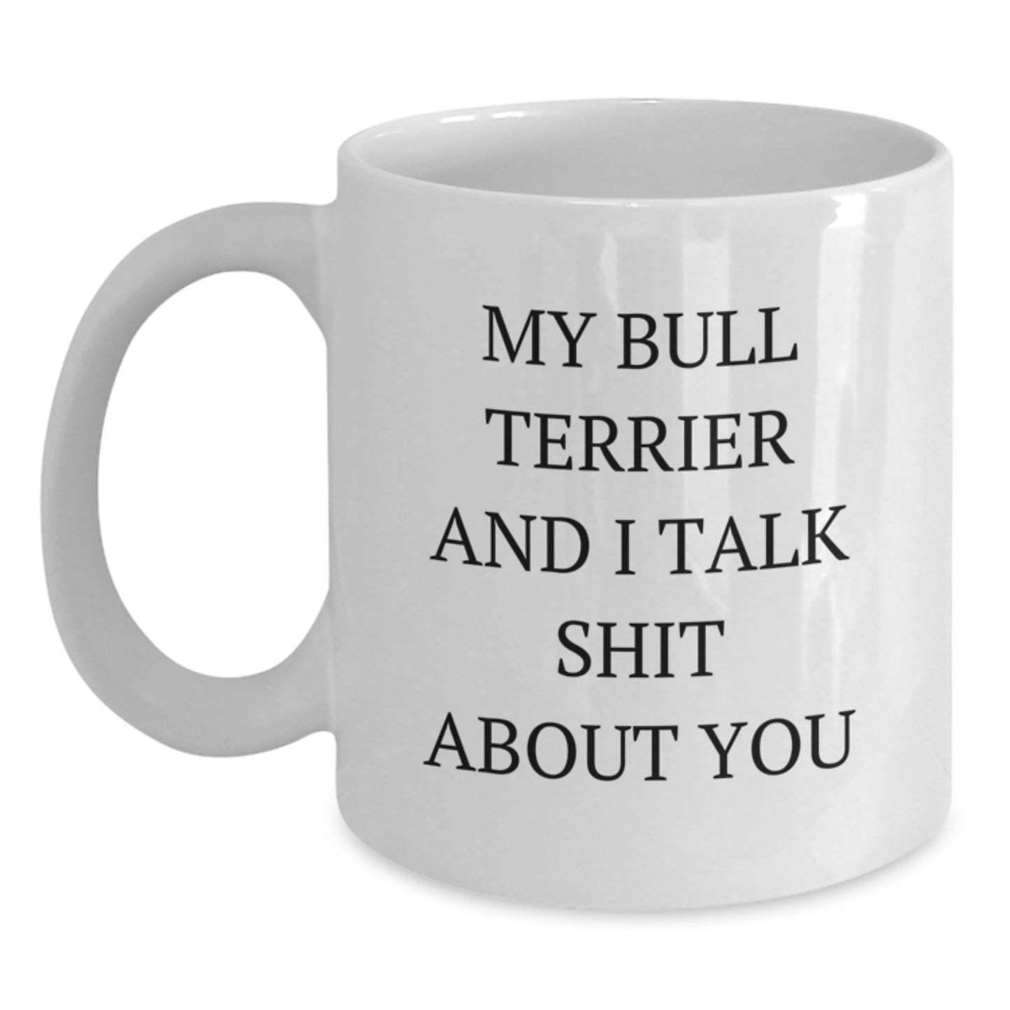 Funny Bull Terrier Dog Gifts from Friends for Birthday, White Coffee Mug with 'My Bull Terrier And I Talk Shit About You' Quote - Main