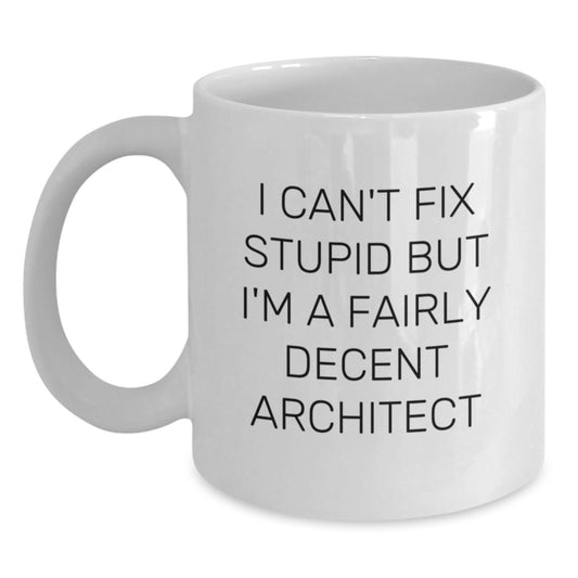 Funny Architect Gifts for Men, White Coffee Mug with I Can't Fix Stupid But I'm A Fairly Decent Architect Quote, Great Christmas Unique Gifts from Family to Friends - Main
