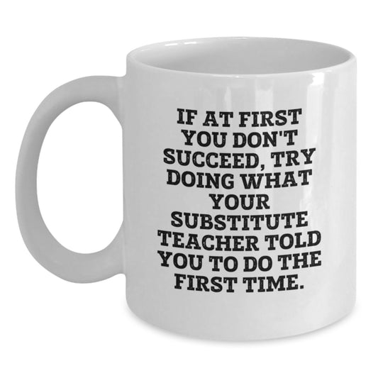 Funny Substitute Teacher Gifts for Men from Friends, White Coffee Mug, If At First You Don't Succeed, Try Doing What Your Substitute Teacher Told You To Do The First Time. - Main