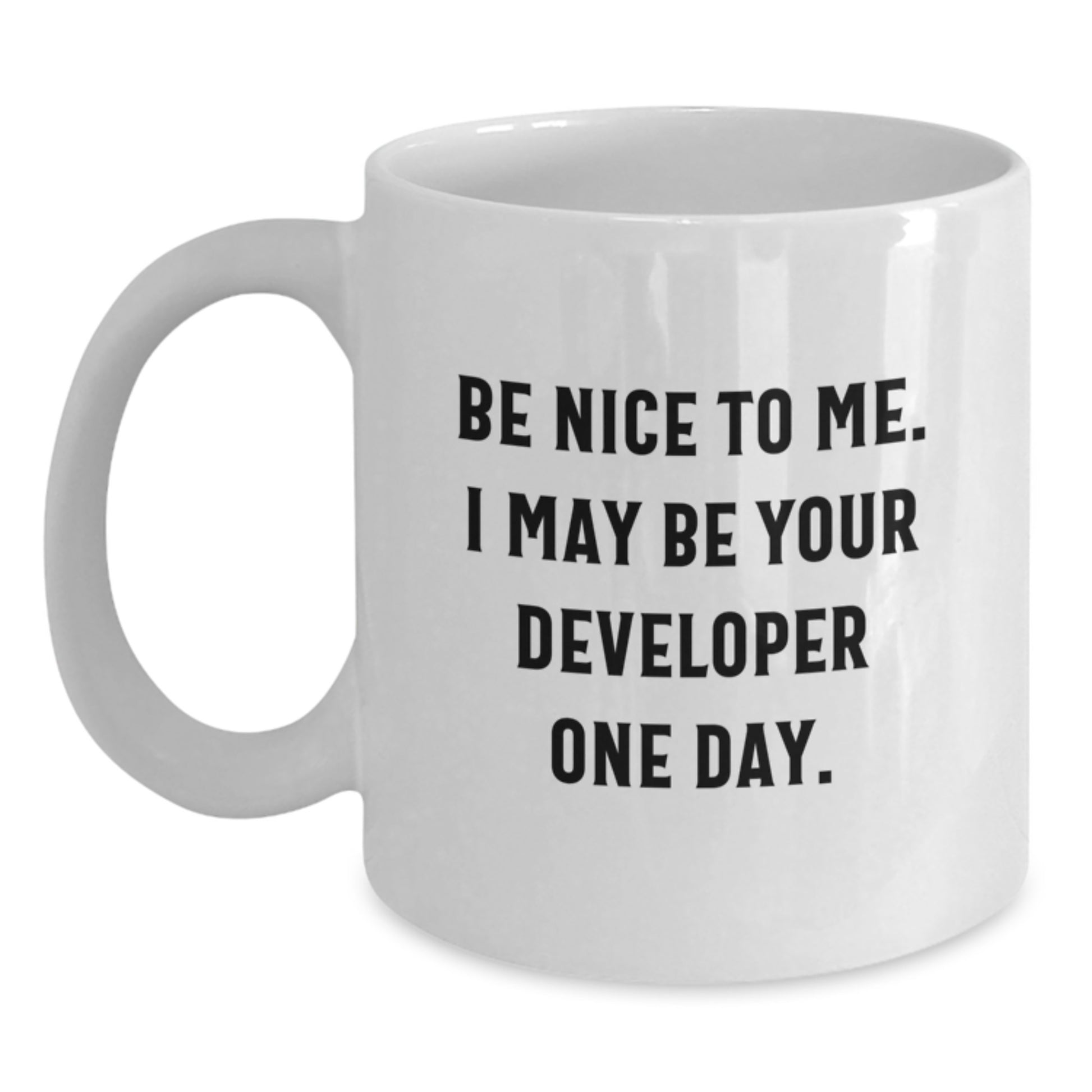 Funny Developer Gifts from Friends - White Coffee Mug for Men, Women, Coworkers, Family - 'Be Nice To Me. I May Be Your Developer One Day.' - Main