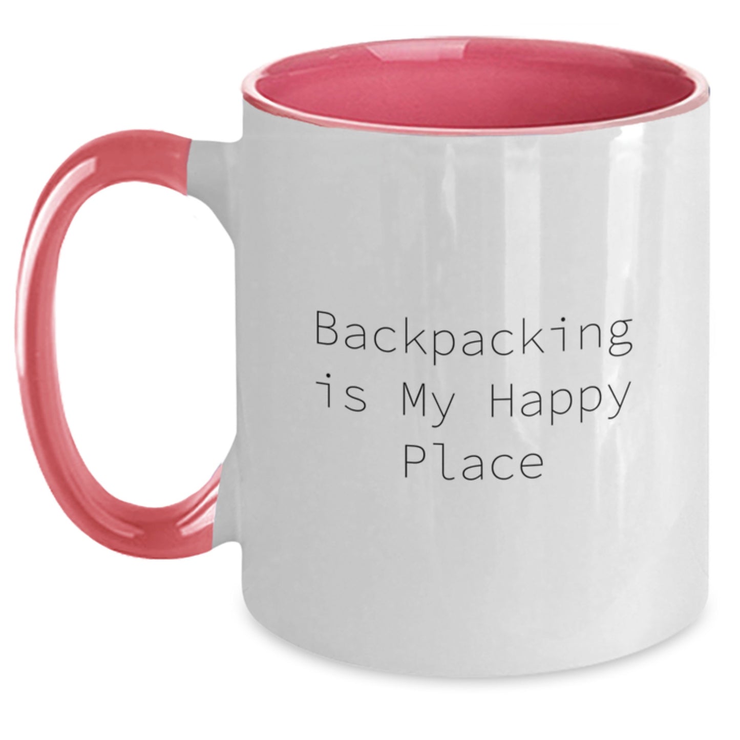 Backpacking Gifts from Friends - Funny 'Backpacking Is My Happy Place' Two Tone Coffee Mug for Birthday - Black and White, Red and White, Navy and White, and Pink and White Color Options - Main