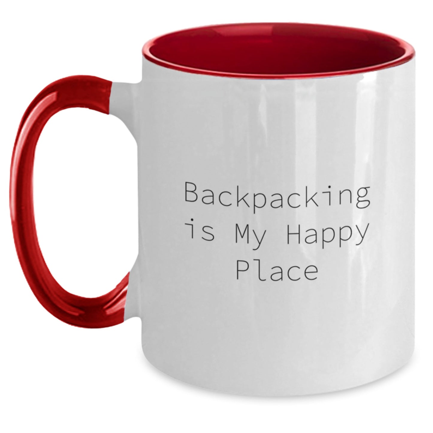 Backpacking Gifts from Friends - Funny 'Backpacking Is My Happy Place' Two Tone Coffee Mug for Birthday - Black and White, Red and White, Navy and White, and Pink and White Color Options - Main