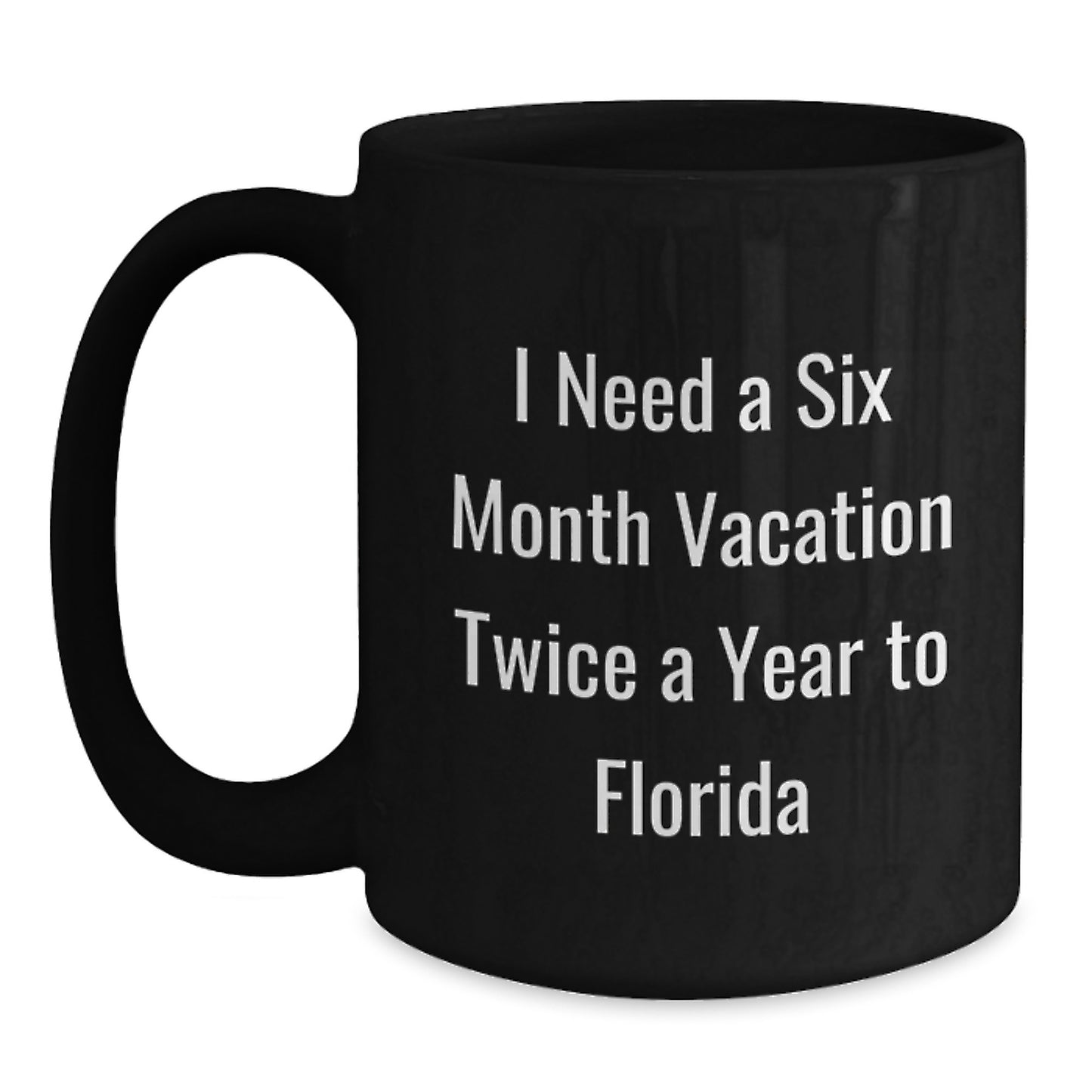 Funny Florida Quote Gifts for Men Women Friends Coworkers Family on Birthday - I Need A Six Month Vacation Twice A Year To Florida Black Coffee Mug - Main