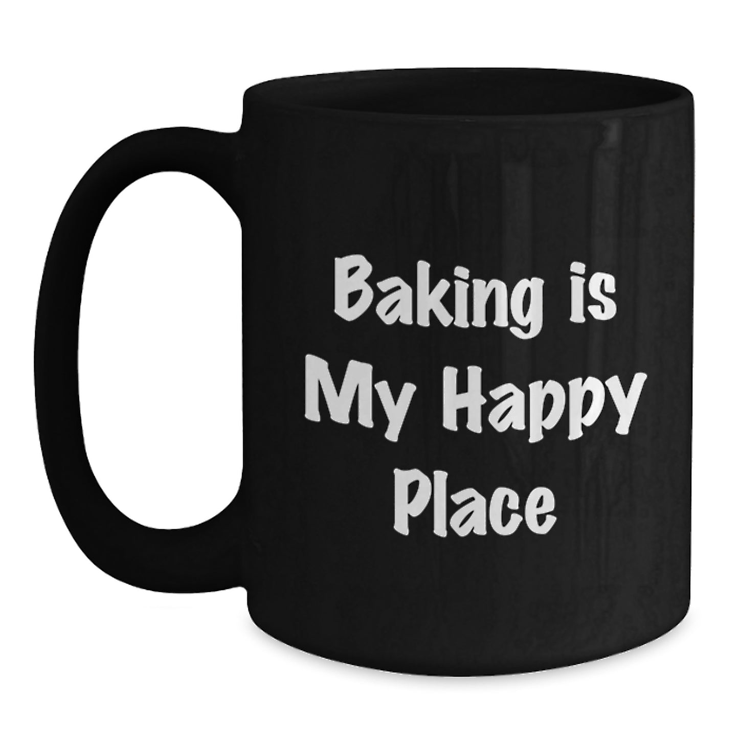 Funny Baking Gifts for Friends from Men - 'Baking Is My Happy Place' Black Coffee Mug, Christmas Unique Presents - Main