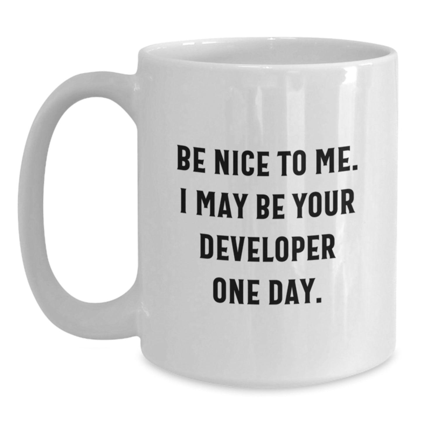 Funny Developer Gifts from Friends - White Coffee Mug for Men, Women, Coworkers, Family - 'Be Nice To Me. I May Be Your Developer One Day.' - Main