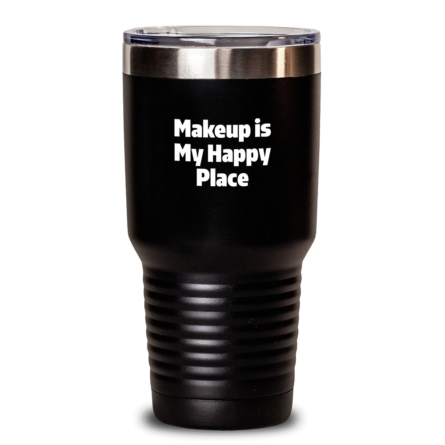Makeup Enthusiast Gifts from Friends and Family, 'Makeup Is My Happy Place' Inspirational Tumbler for Makeup Lovers, Christmas Unique Presents for Women or Men, 20oz or 30oz Stainless Steel Tumbler - Main