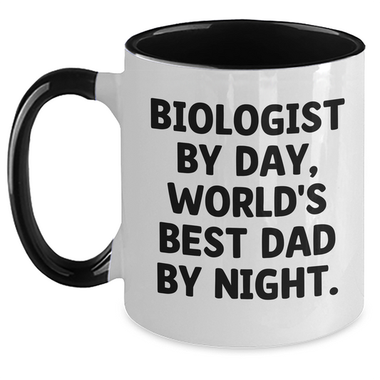 Funny Biologist Gifts by Day, World's Best Dad By Night Coffee Mug for Men, Two Tone Mug for Father's Day from Friends, Family, Coworkers to Biologists - Main