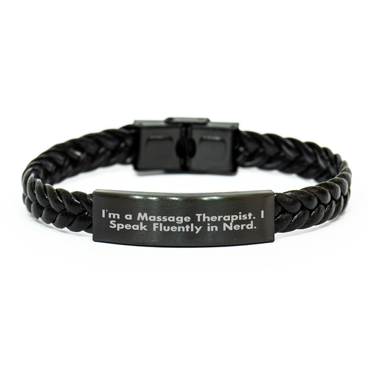 Massage Therapist Gifts from Friends - Interlaced Leather Bracelet with Funny Quote, Perfect for Graduation, 'I'm a Massage Therapist. I Speak Fluently in genius.' - Image 1