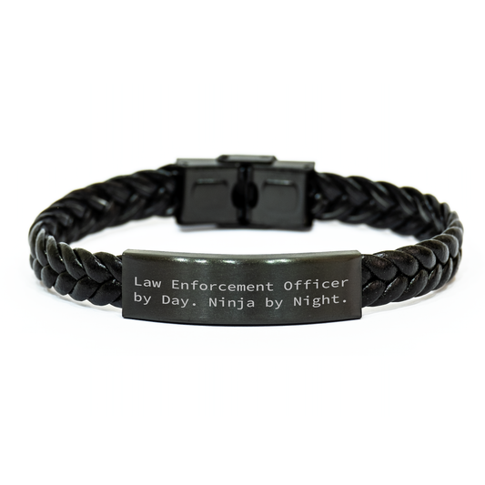 Law Enforcement Officer Gifts - Interlaced Leather Bracelet by Men - Funny Quote 'Law Enforcement Officer By Day. Ninja By Night.' for Father's Day - Image 1