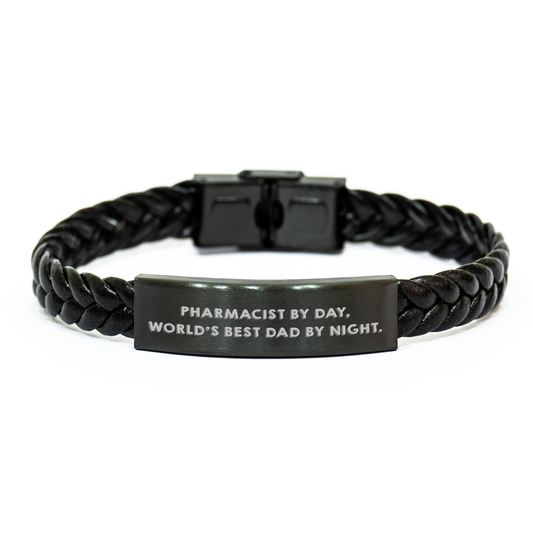 Funny Quote Pharmacist Gifts Interlaced Leather Bracelet, 'Pharmacist By Day, World's Best Dad By Night.' for Dad on Father's Day, Gifts from Family, for Men - Image 1