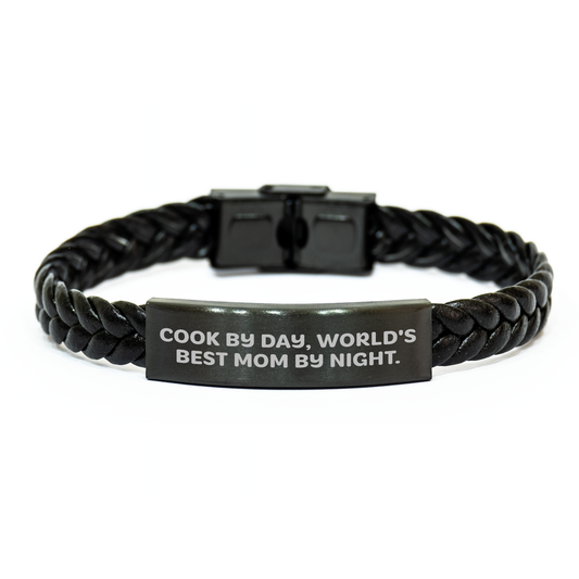 Funny Cook Quote Interlaced Leather Bracelet, Gifts from Dad to Cook By Day, World's Best Mom By Night, Father's Day Unique Gifts for Men Cook Enthusiasts - Image 1