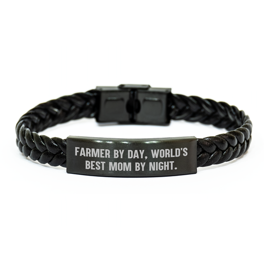 Farmer's Proud Interlaced Leather Bracelet, 'Farmer By Day, World's Best Mom By Night.' Engraved Stainless Steel Gift for Father's Day - Image 1