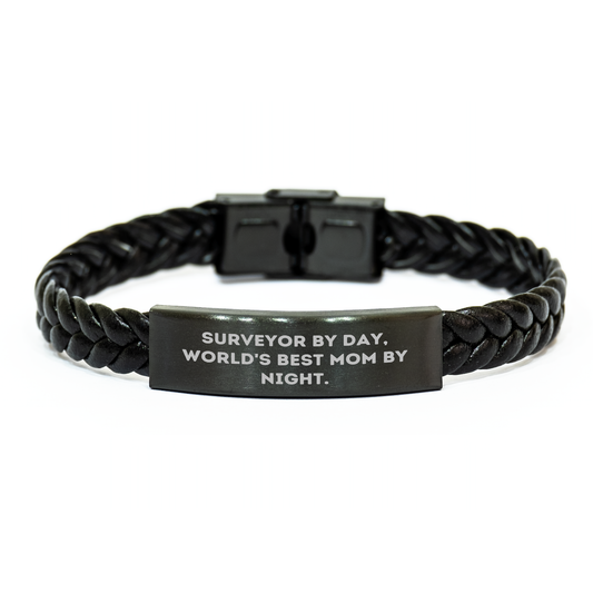 Surveyor Gifts, Interlaced Leather Bracelets, Funny Quote - 'Surveyor By Day, World's Best Mom By Night.' Gifts for Surveyors - Image 1