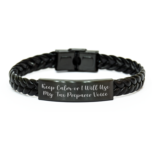 Tax Preparer Gifts from Friends - 'Keep Calm Or I Will Use My Tax Preparer Voice' Interlaced Leather Graduation Unique Gifts for Men Women Coworkers Family - Image 1