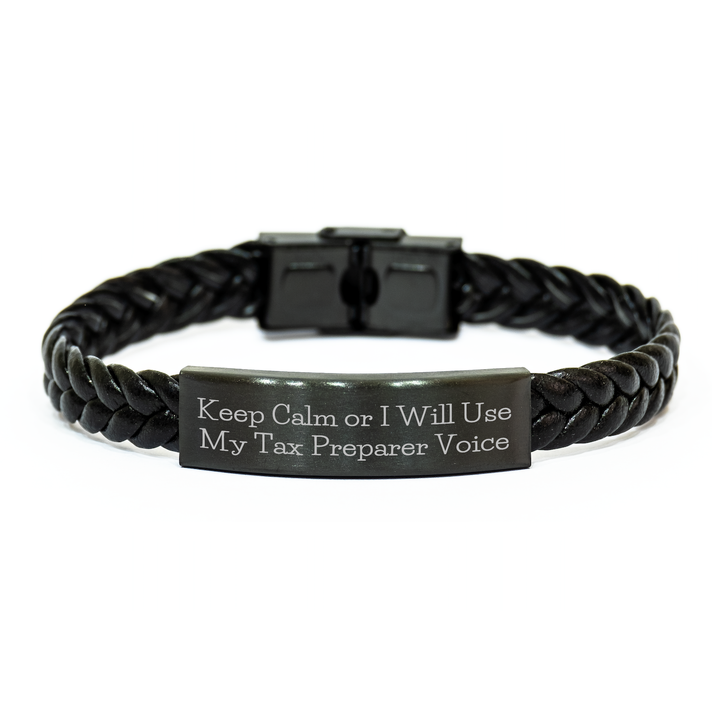 Funny Tax Preparer Gifts, 'Keep Calm Or I Will Use My Tax Preparer Voice', Interlaced Leather Bracelet for Men, Women, Coworkers, Family, Graduation Unique Gifts from Friends - Image 1