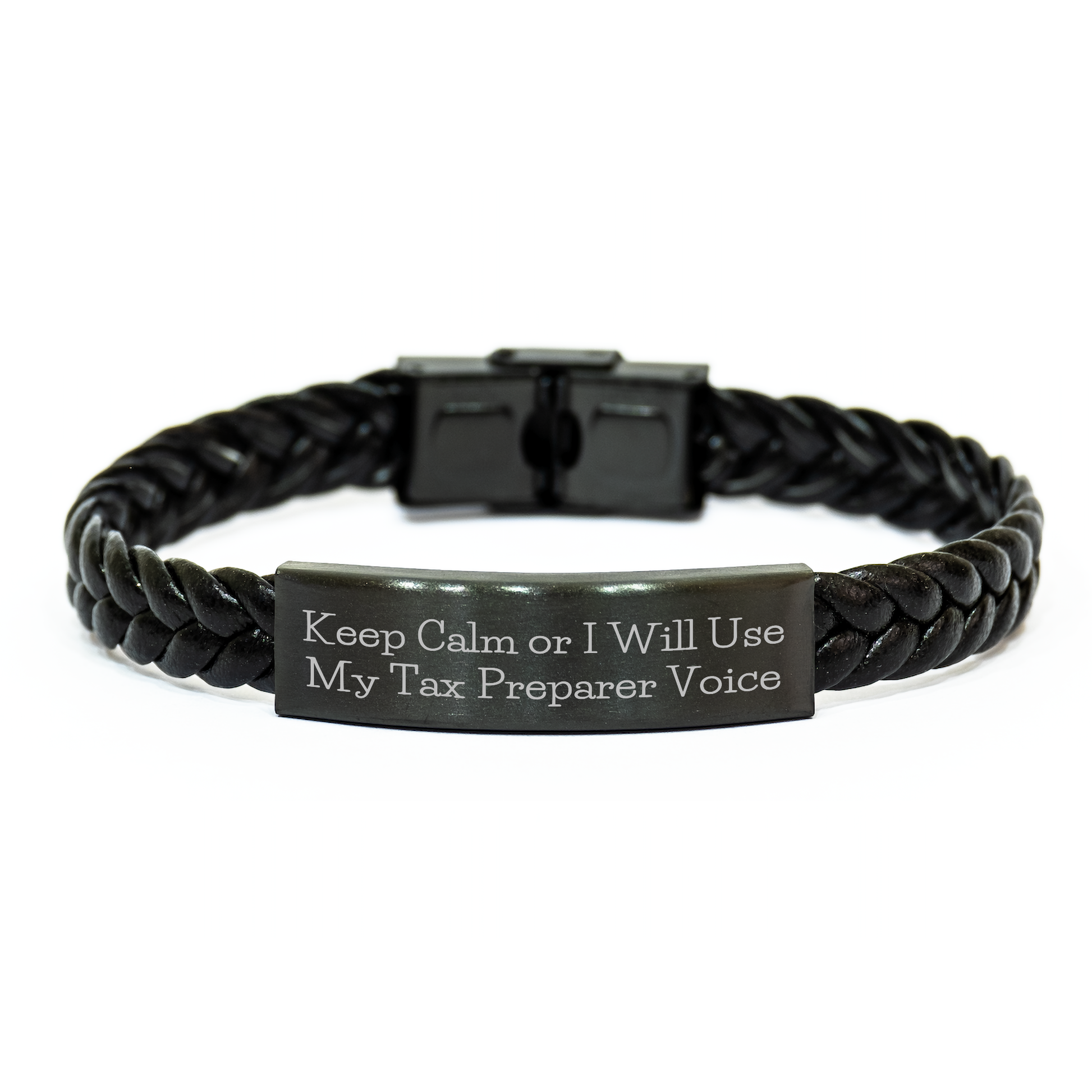Funny Tax Preparer Gifts, 'Keep Calm Or I Will Use My Tax Preparer Voice', Interlaced Leather Bracelet for Men, Women, Coworkers, Family, Graduation Unique Gifts from Friends - Image 1