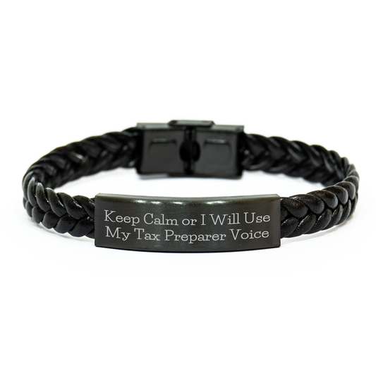 Funny Tax Preparer Gifts, 'Keep Calm Or I Will Use My Tax Preparer Voice', Interlaced Leather Bracelet for Men, Women, Coworkers, Family, Graduation Unique Gifts from Friends - Image 1