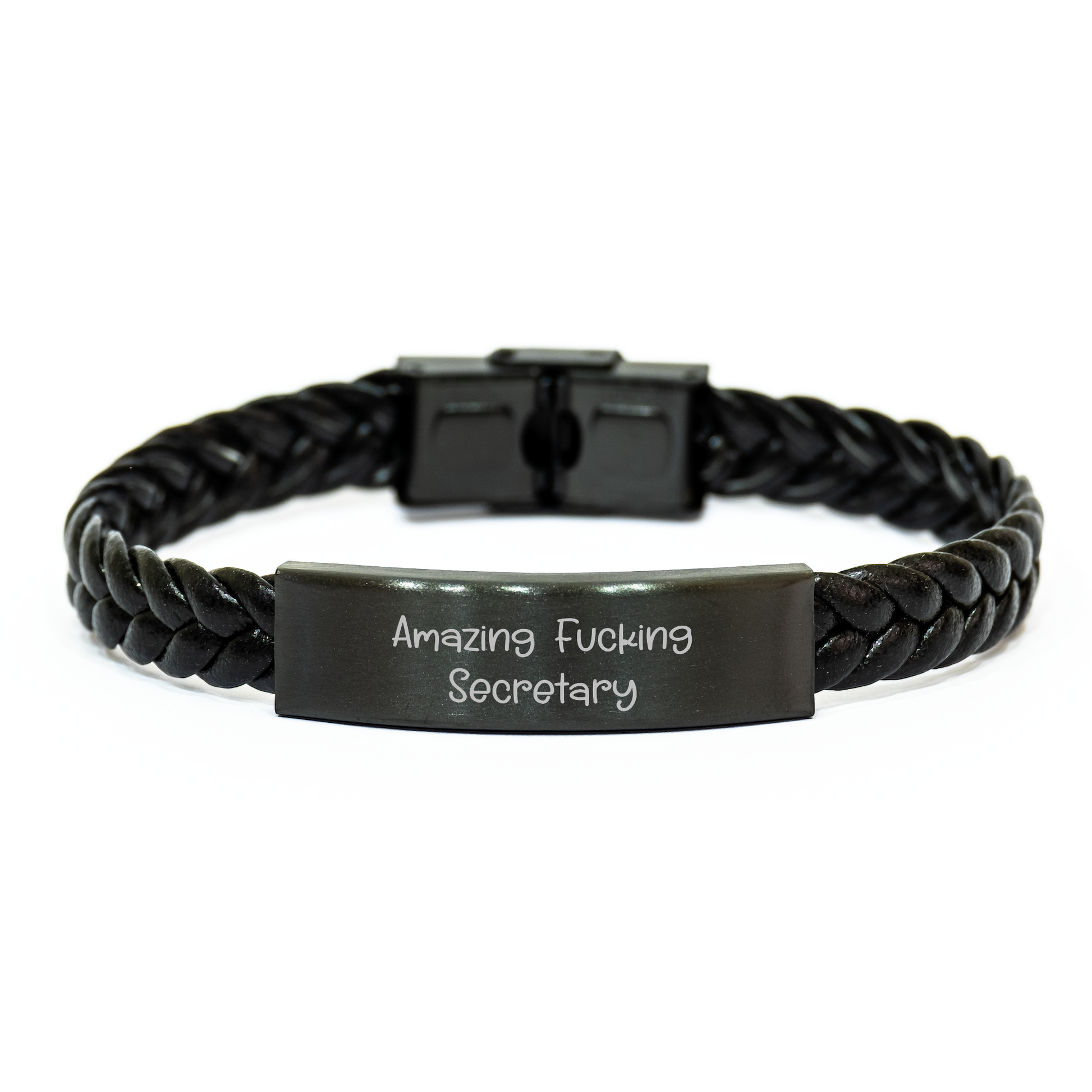Funny Secretary Graduation Gifts from Friends - Interlaced Leather Bracelet with Quote 'Amazing F--king Secretary' for Her - Image 1