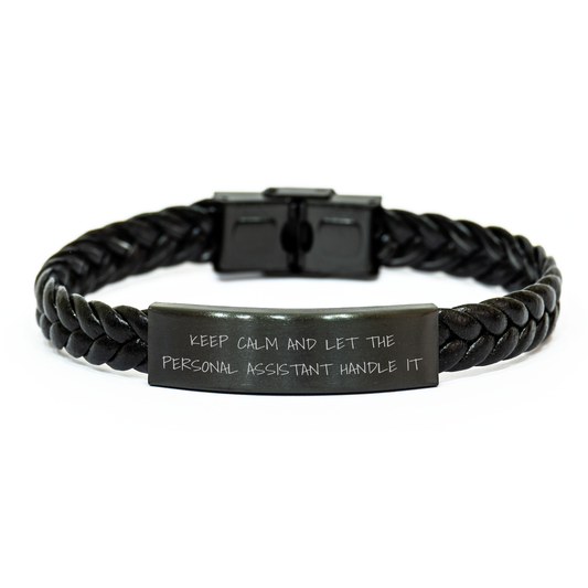 Keep Calm Personal Assistant Gifts, Inspirational Interlaced Leather Bracelet for Graduation, 'Keep Calm And Let The Personal Assistant Handle It', Gifts from Friends for Personal Assistant - Image 1