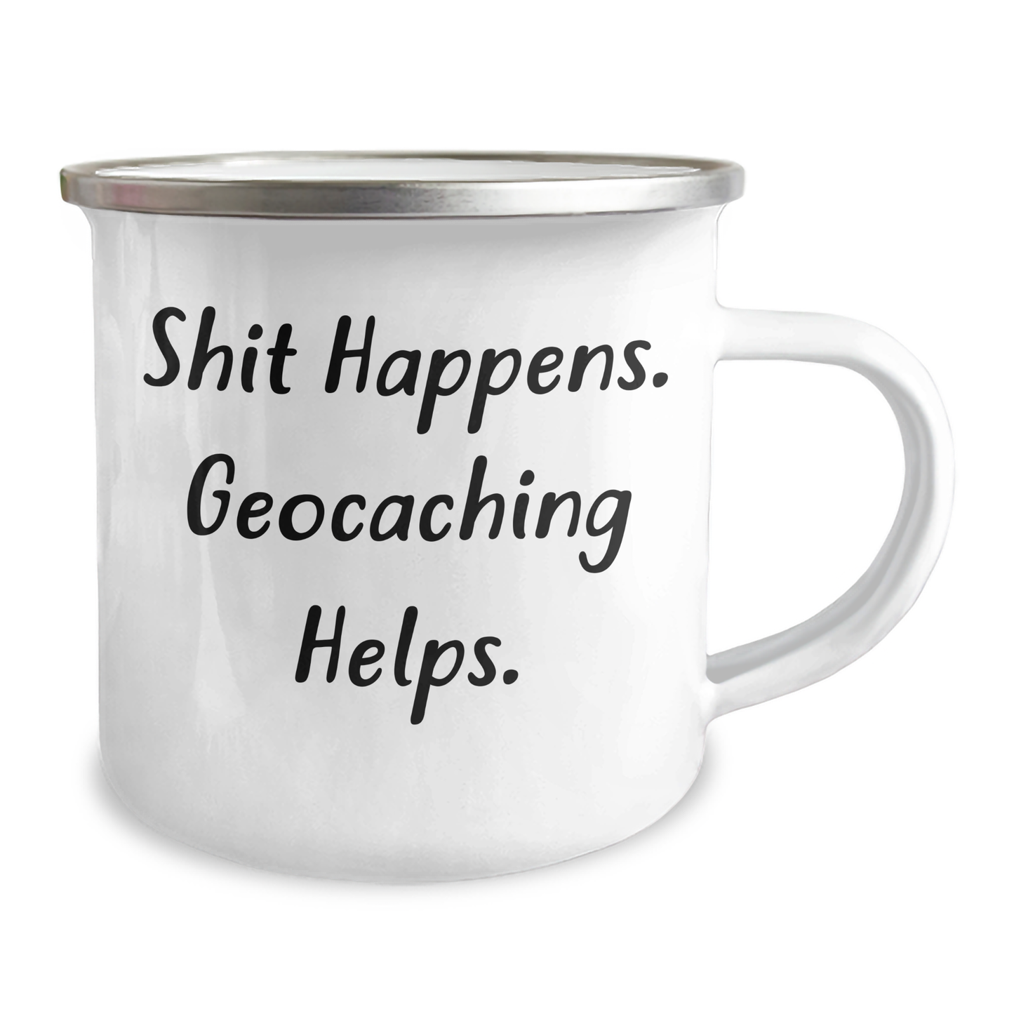 Funny Geocaching Gifts for Men, 'Shit Happens. Geocaching Helps.' Enamel Camping Mug, Gifts from Family, Unique Father's Day Unique Gifts for Geocachers - Image 2