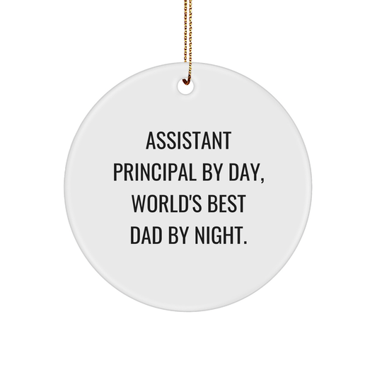Assistant Principal Gifts from Men, Funny Circle Ornament for Christmas, 'Assistant Principal By Day, World's Best Dad By Night', White Circle Ornament for Him - Image 1
